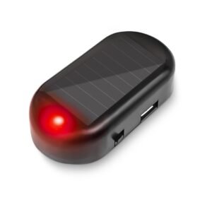 Black solar-powered security light with red light and USB port