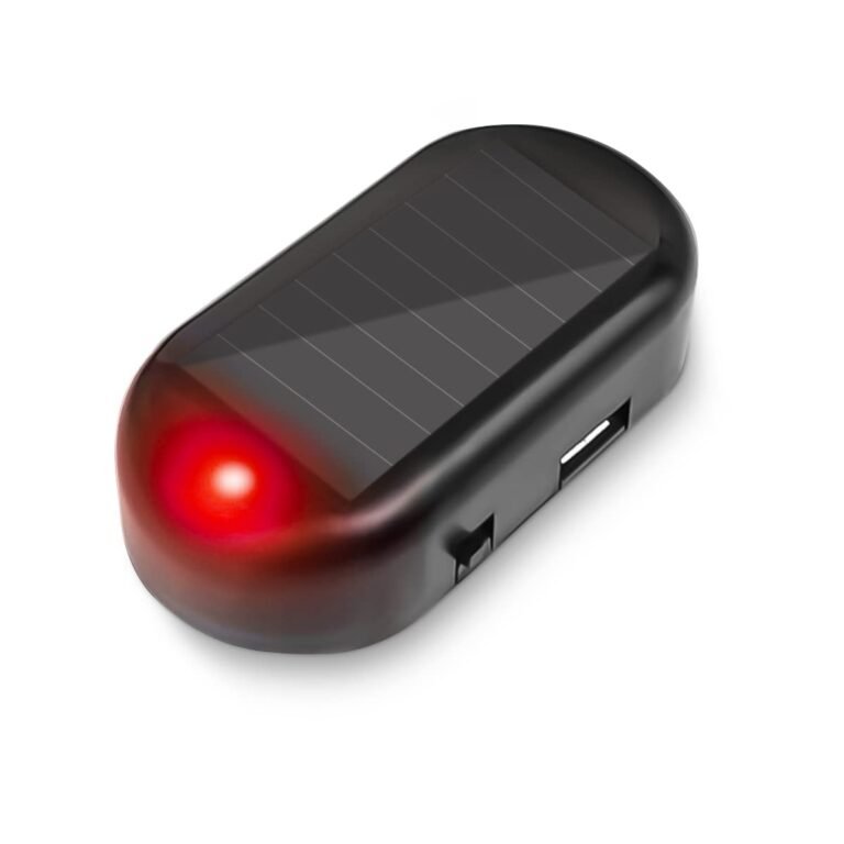 Black solar-powered security light with red light and USB port