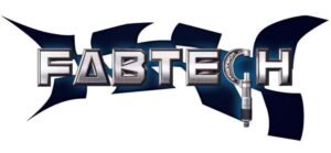 FABTECH logo with metallic letters, micrometer, and blue abstract background
