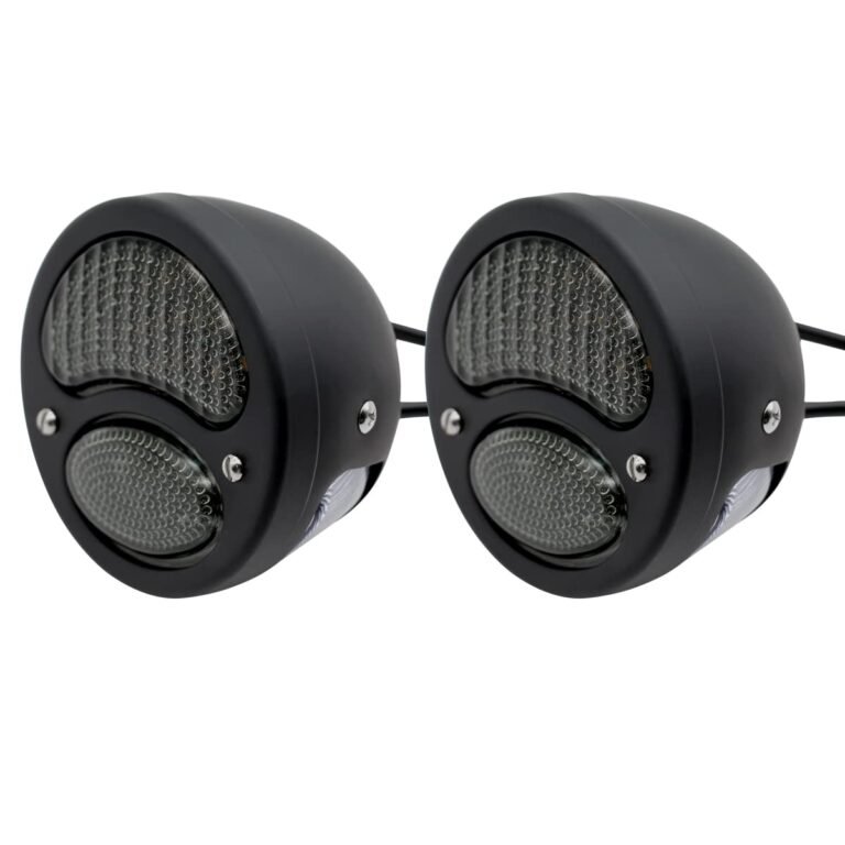 Two black motorcycle headlights with textured lenses and chrome accents