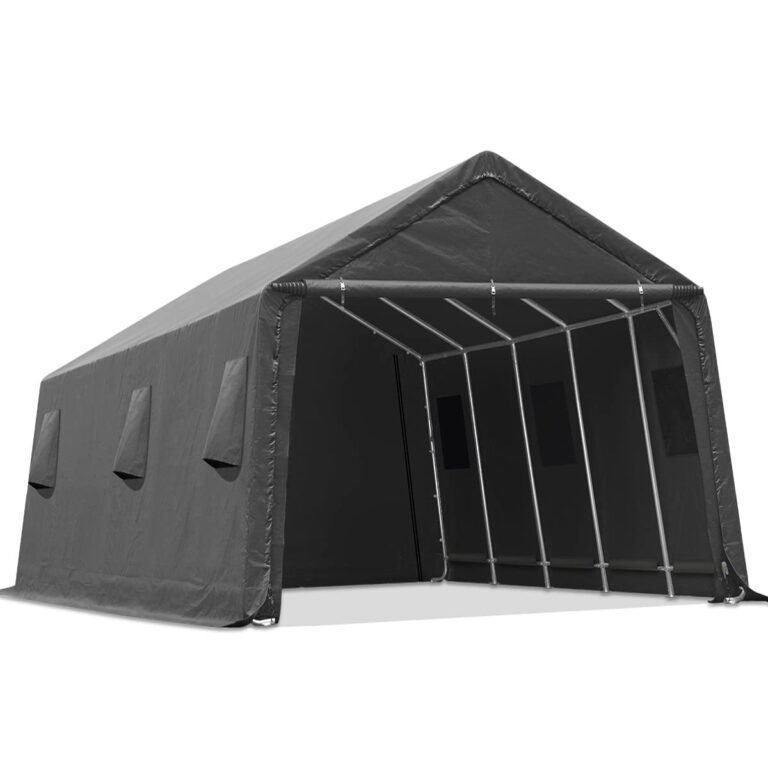 Gray portable garage shelter with metal frame and small windows
