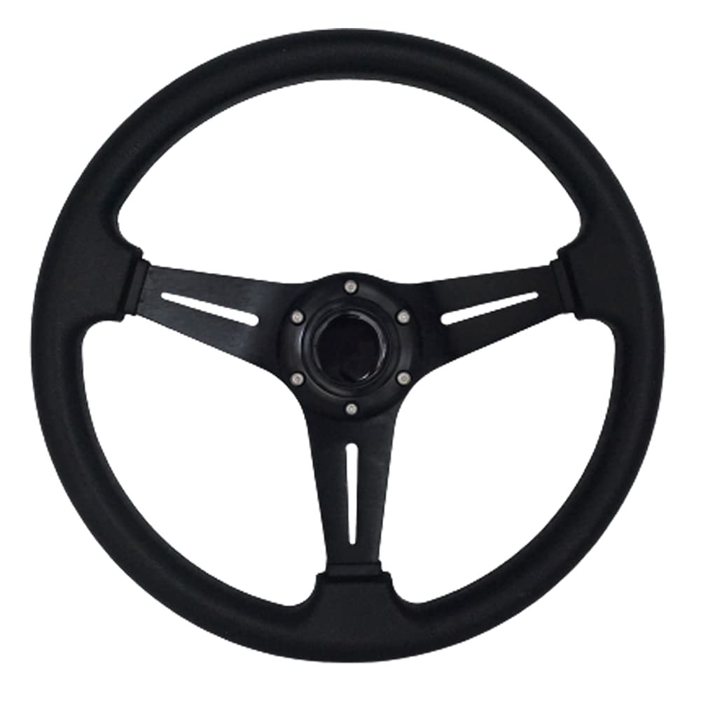 Black three-spoke steering wheel with a padded grip and center hub