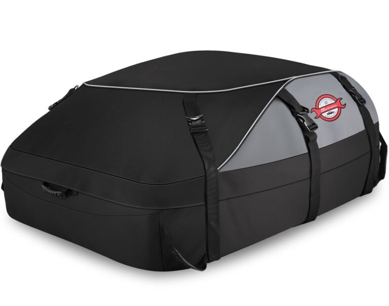 Black and gray car roof cargo carrier with straps and logo