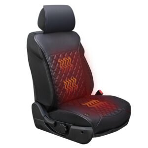 Black heated car seat with diamond stitching and heat symbols