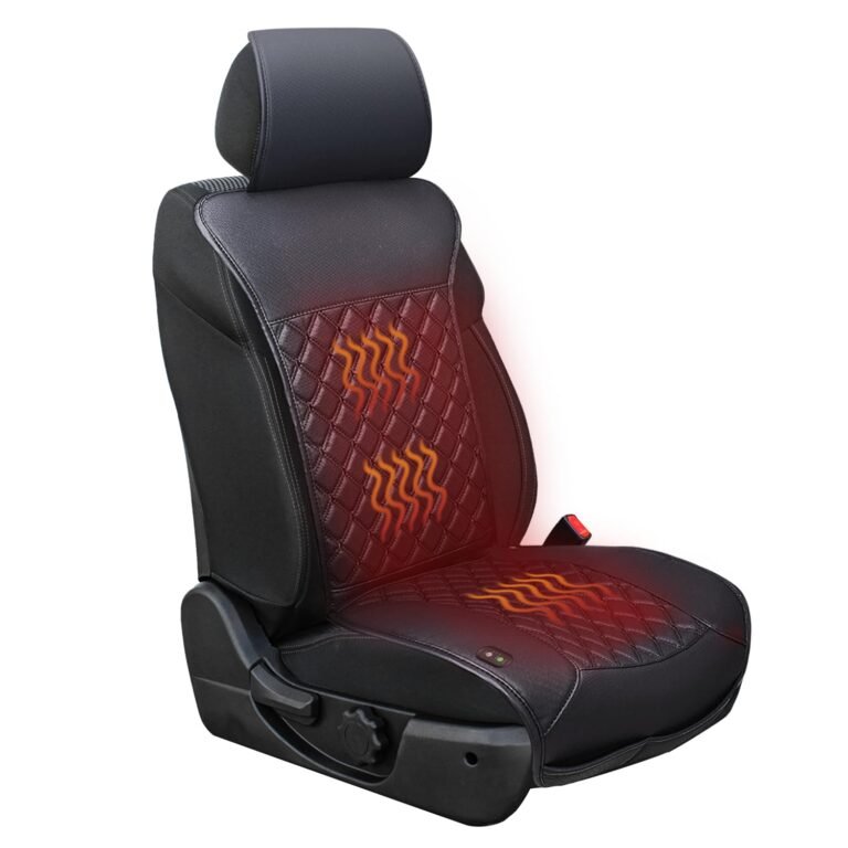 Black heated car seat with diamond stitching and heat symbols