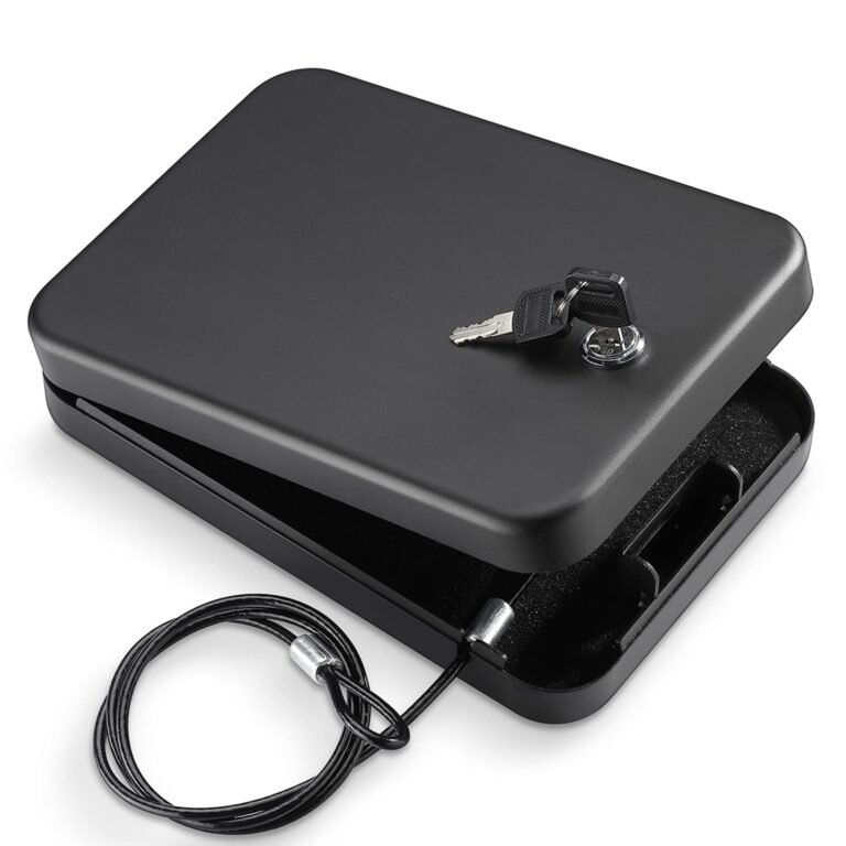 Black security box with keys, open lid, and security cable