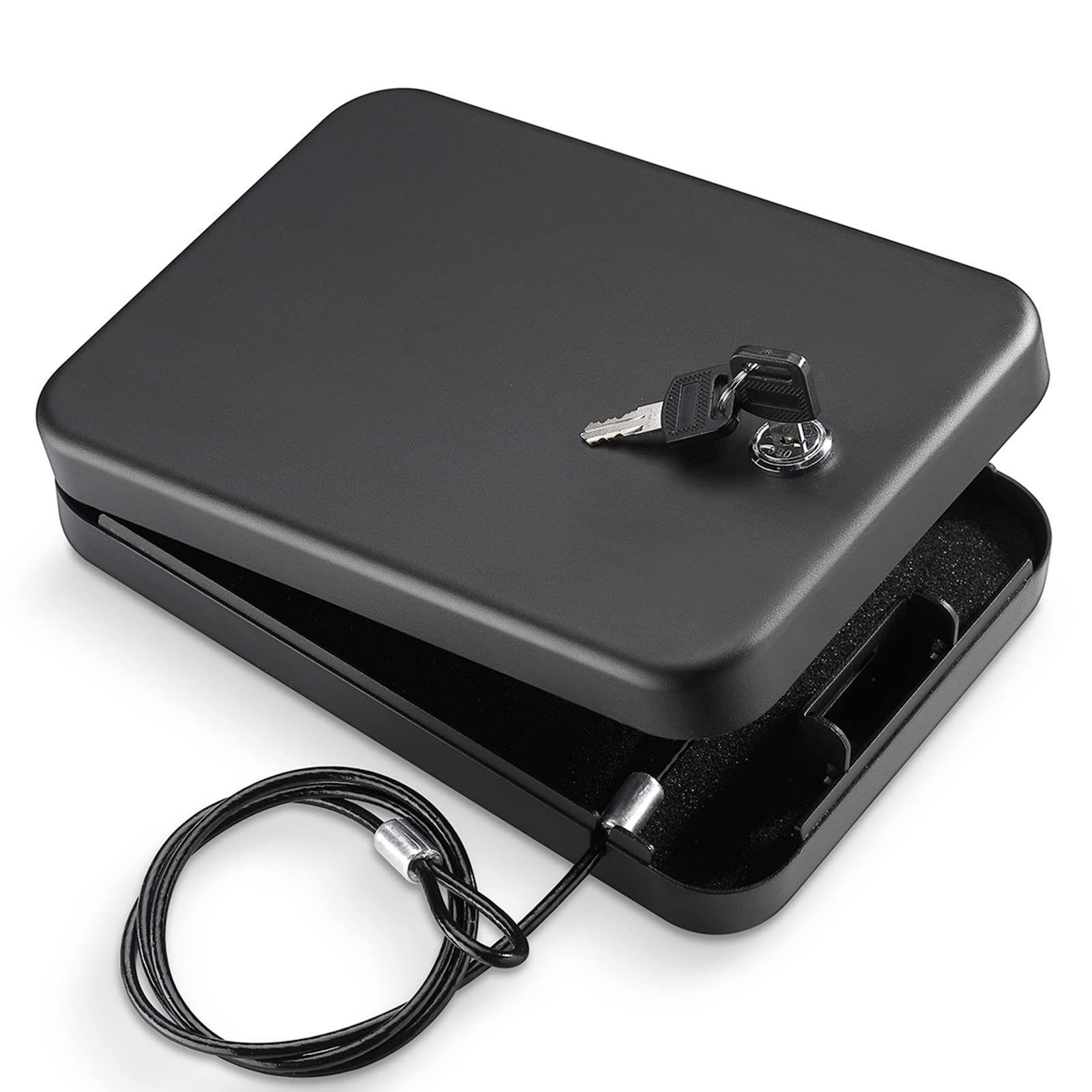 Black security box with keys, open lid, and security cable