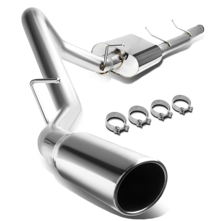 Shiny stainless steel car exhaust system with clamps on white background