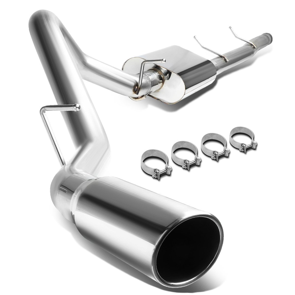 Shiny stainless steel car exhaust system with clamps on white background