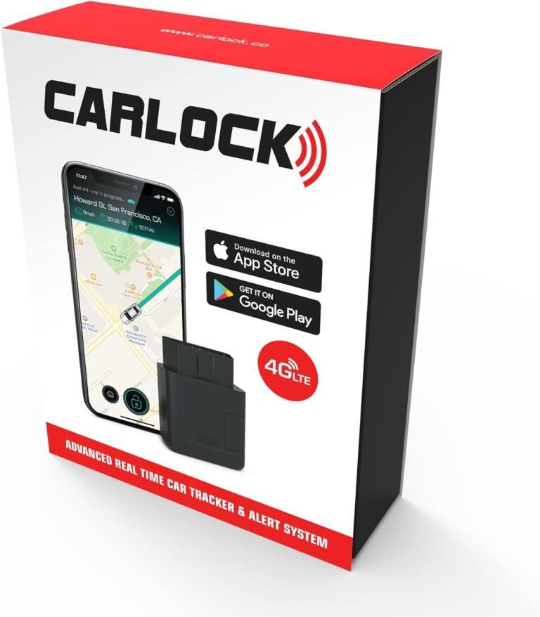 Carlock car tracker box with phone showing map and device