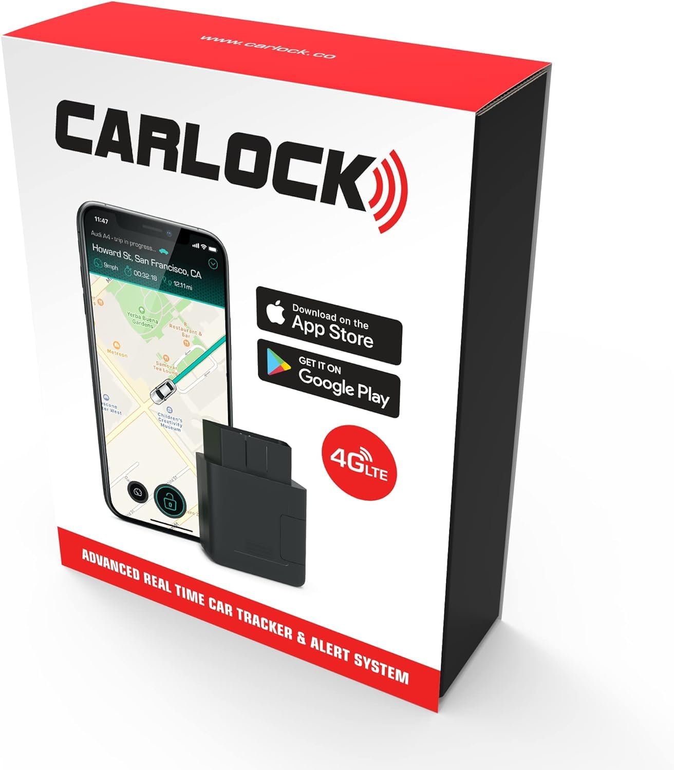 Carlock car tracker box with phone showing map and device