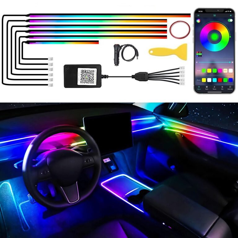 Car interior with colorful LED lights and control app