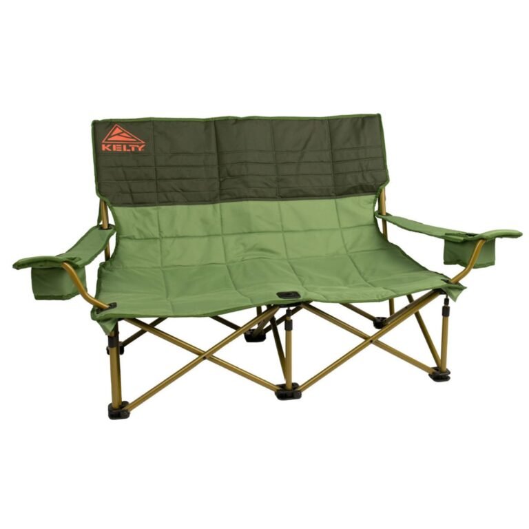 Green Kelty double camping chair with armrests and cup holders