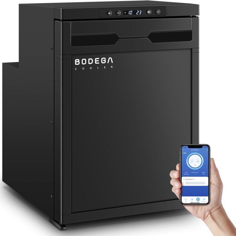 Black Bodega cooler with digital display, controlled by a smartphone app