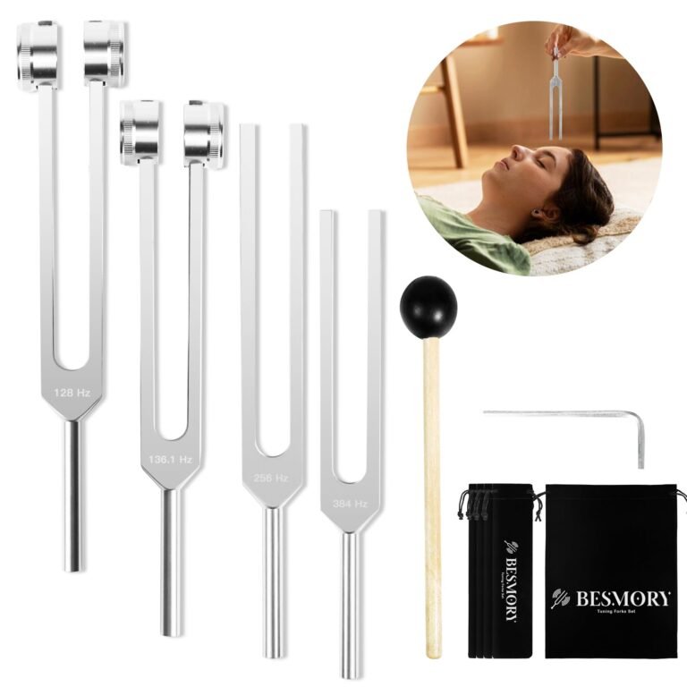Tuning fork set with woman receiving treatment, mallet, and storage bags