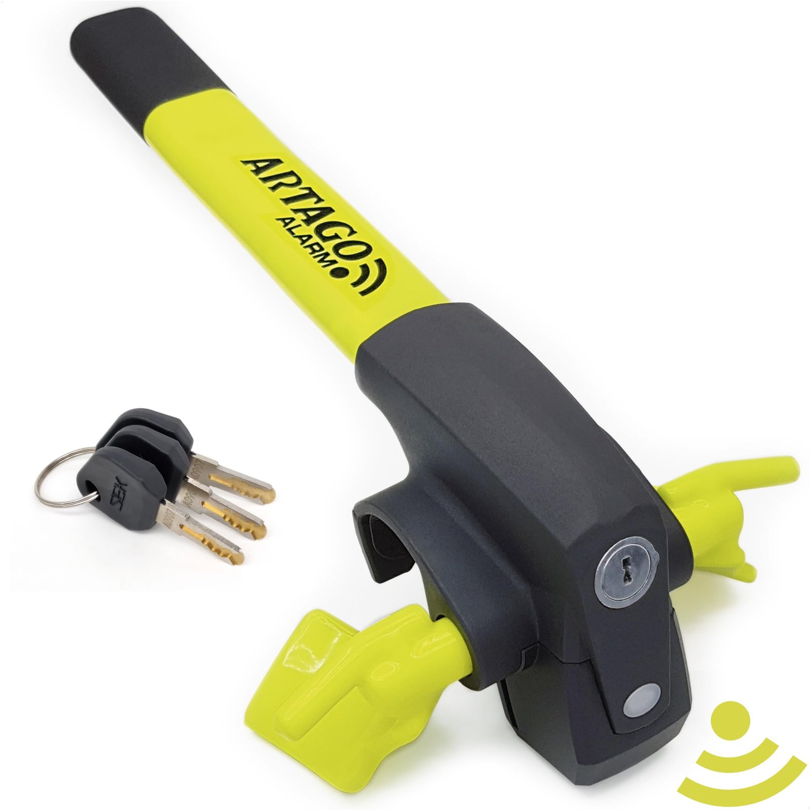 Yellow and black ARTAGO alarm lock with keys, anti-theft device