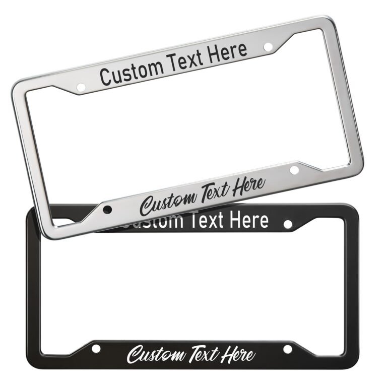 Two license plate frames, one silver and one black, with "Custom Text Here."