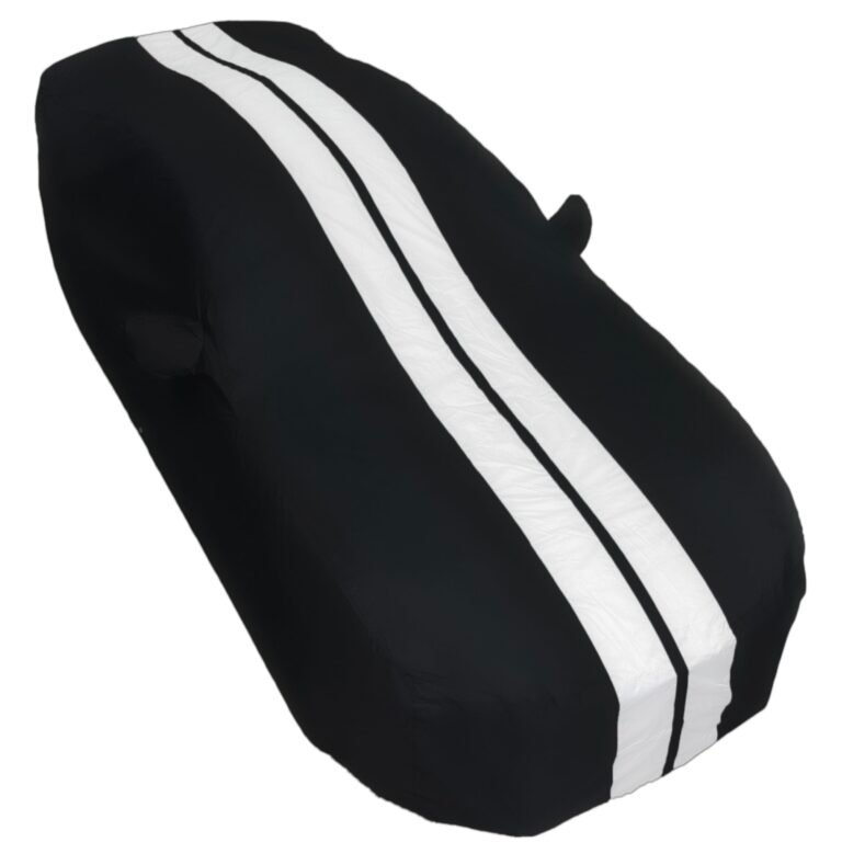 Black car cover with two white racing stripes down the center
