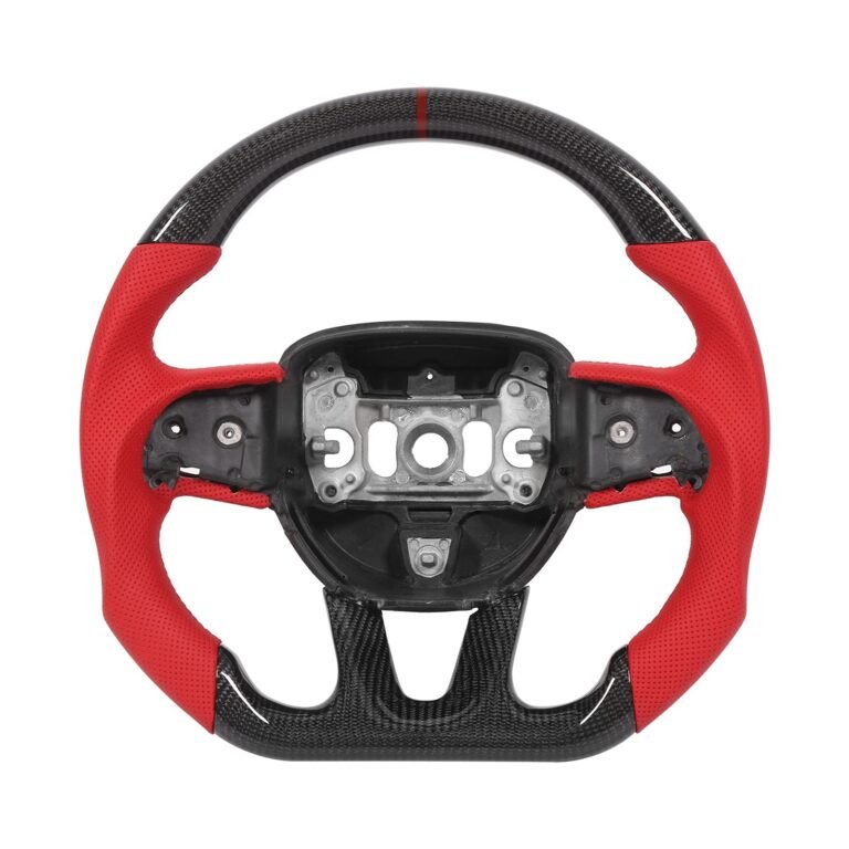 Carbon fiber and red leather steering wheel with a red stripe
