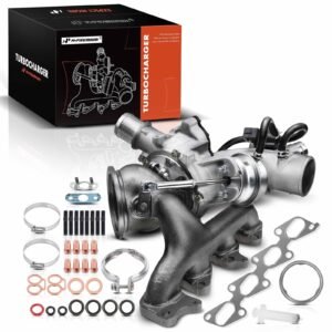 Turbocharger kit with box, manifold, gaskets, clamps, and various hardware
