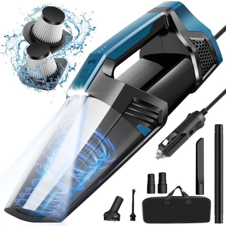 Blue and black car vacuum with accessories and filters