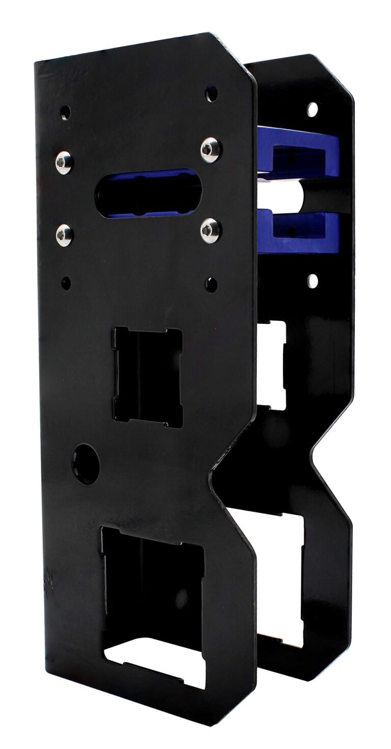 Black metal bracket with blue inserts and screw holes