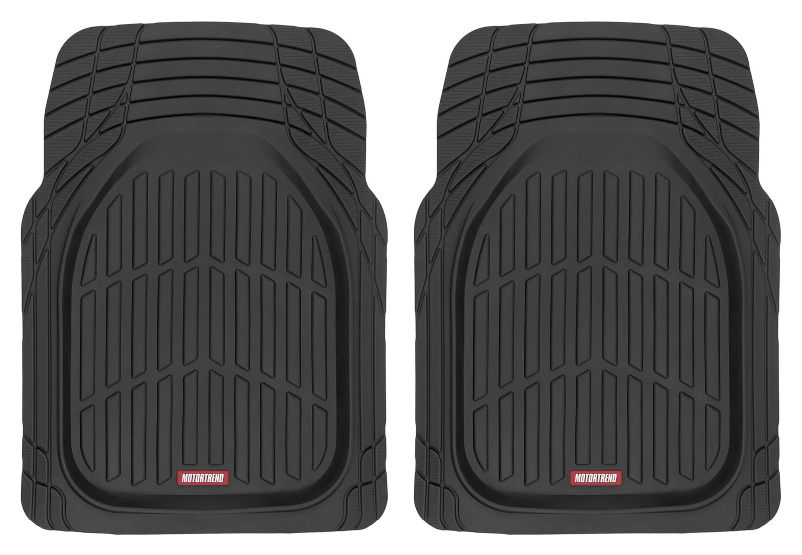 Two black MotorTrend car floor mats with textured patterns