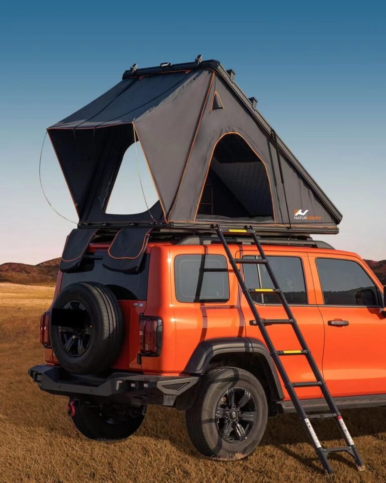 Orange SUV with rooftop tent and ladder in a field