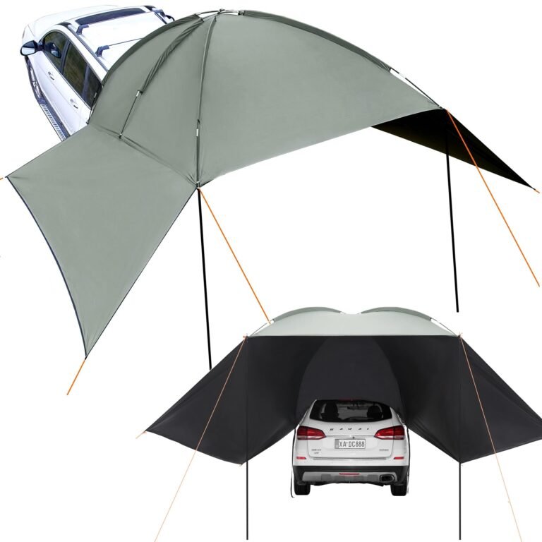 Car with awning shade, gray and black, supported by poles