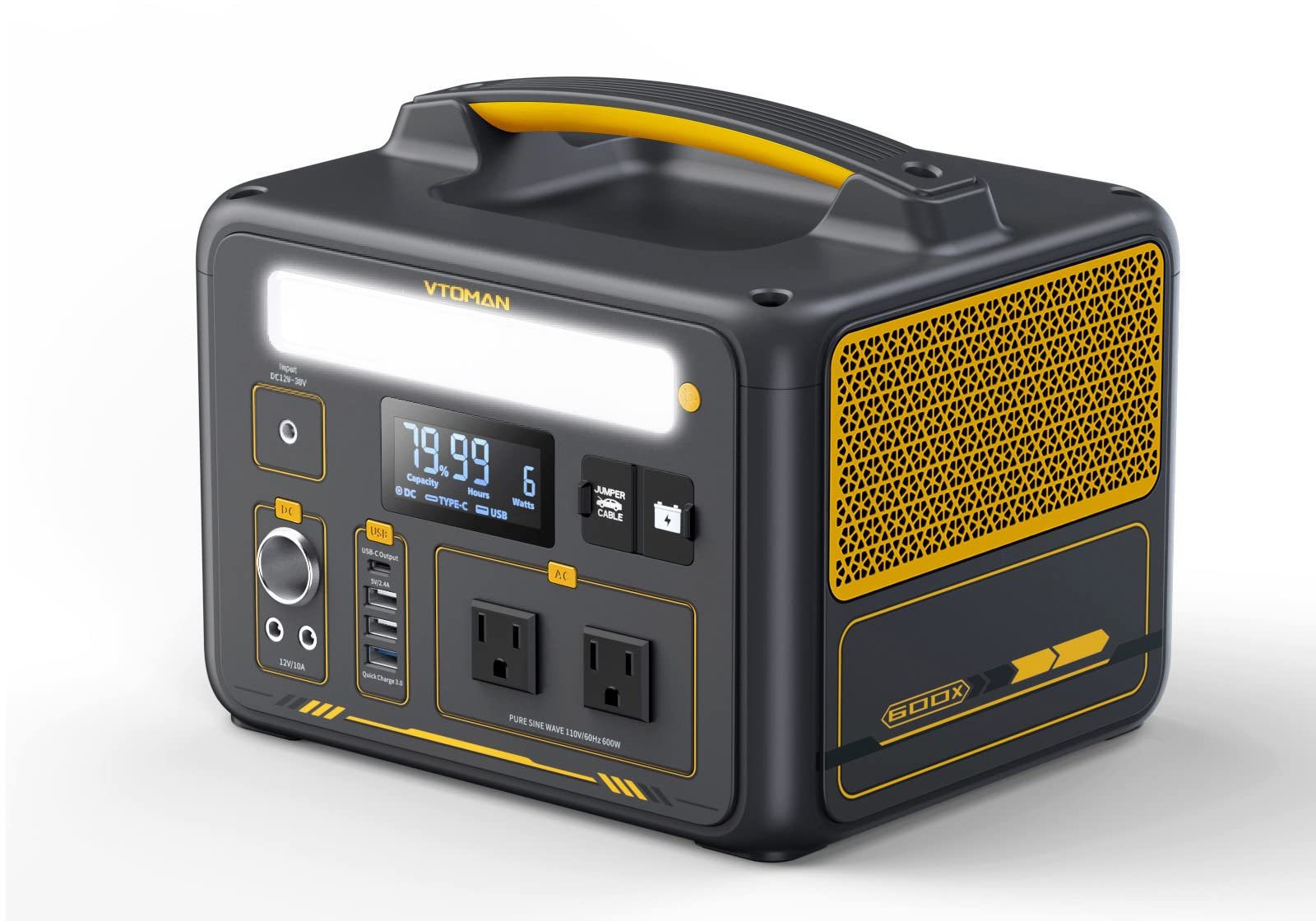 Black and yellow portable power station with digital display and multiple outlets