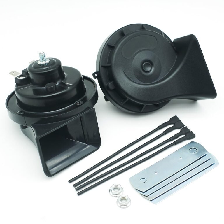 Two black car horns with accessories on a white background