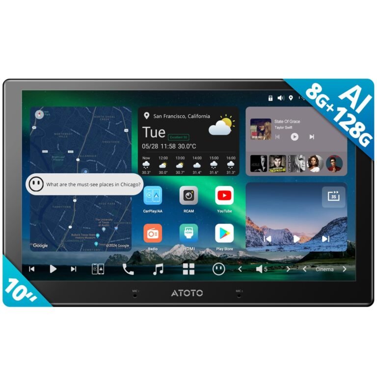 Car dashboard screen displaying map, weather, music, and app icons