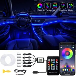 Car interior with blue LED lights, remote, and smartphone app control