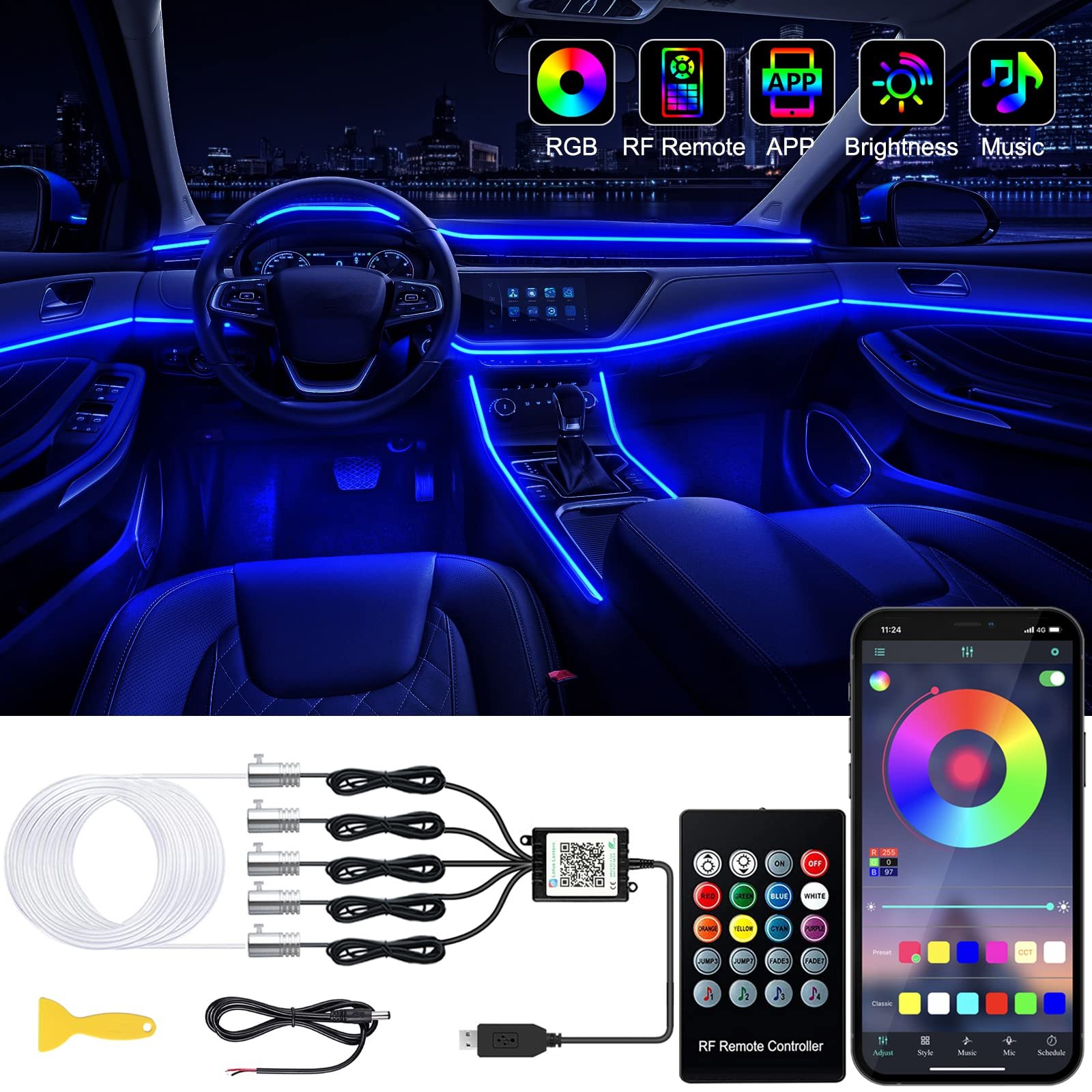 Car interior with blue LED lights, remote, and smartphone app control