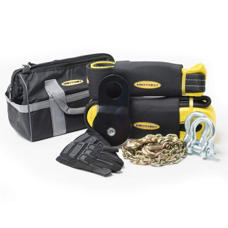 Smittybilt recovery kit with straps, shackles, gloves, and a bag