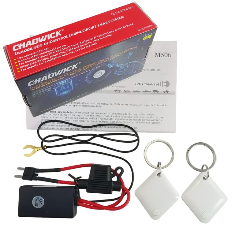 Car immobilizer kit with box, wiring, and two key fobs