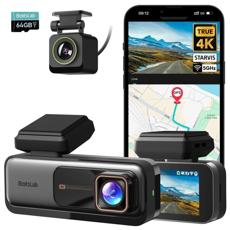 Dashcam with smartphone display showing GPS map and 4K video features