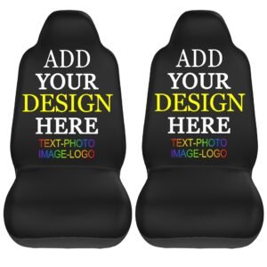Two black car seat covers with "Add Your Design Here" text