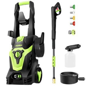 Black and green pressure washer with accessories and spray nozzles