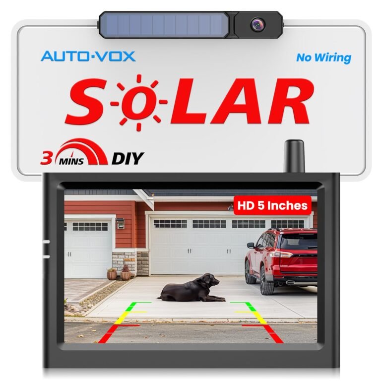 Solar-powered license plate backup camera displaying a red SUV and dog