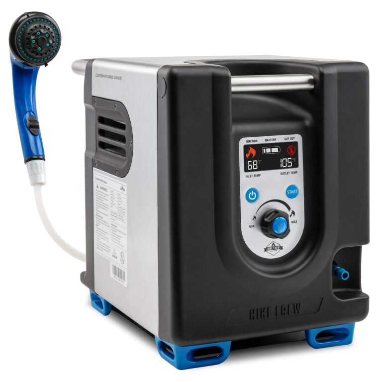 Portable water heater with shower head, digital display, and blue accents