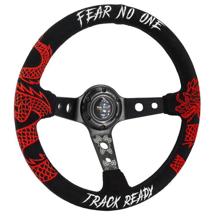 Black steering wheel with red dragon embroidery and "Fear No One" text