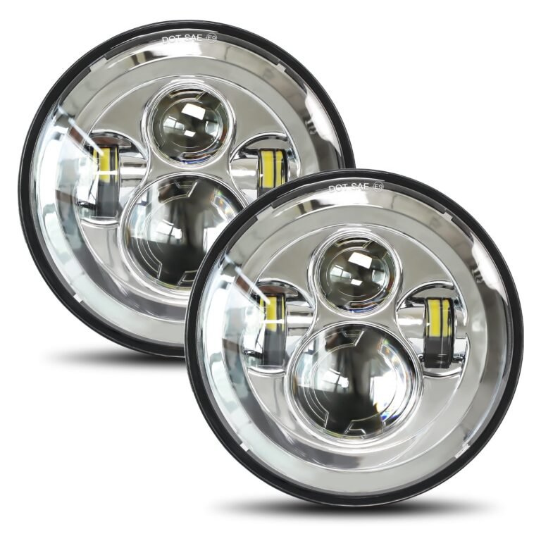 Two chrome LED motorcycle headlights with black trim and yellow lights