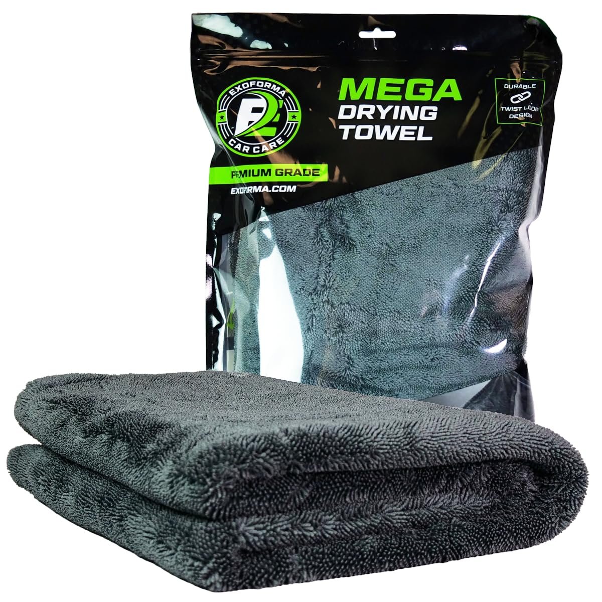Gray microfiber car drying towel, packaged and folded, on a white background