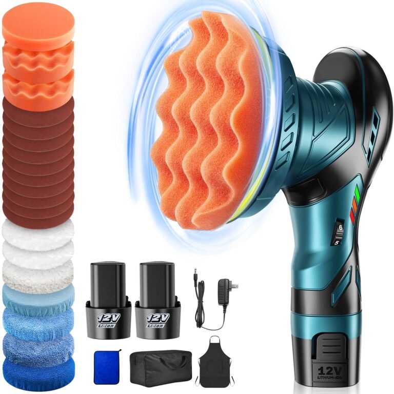 Cordless car polisher kit with pads, batteries, charger, and accessories
