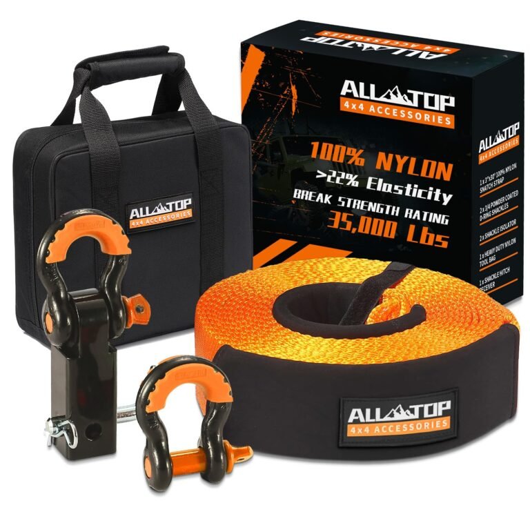 Off-road recovery kit with snatch strap, shackles, and carrying bag