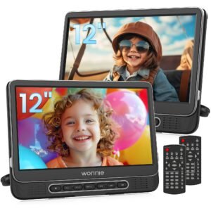 Two portable DVD players displaying smiling children, with remotes