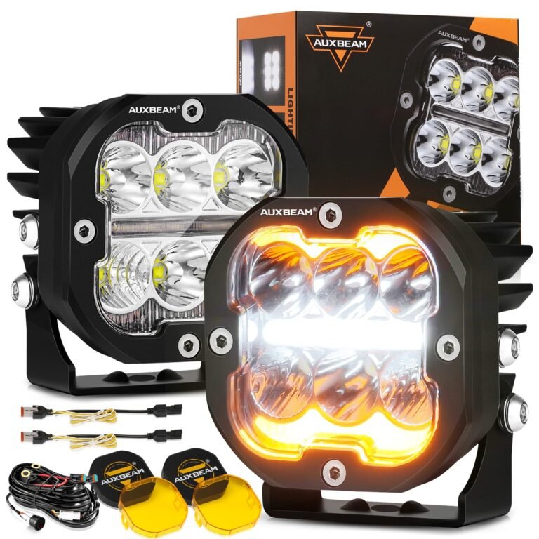 Auxbeam LED lights with yellow lenses and accessories