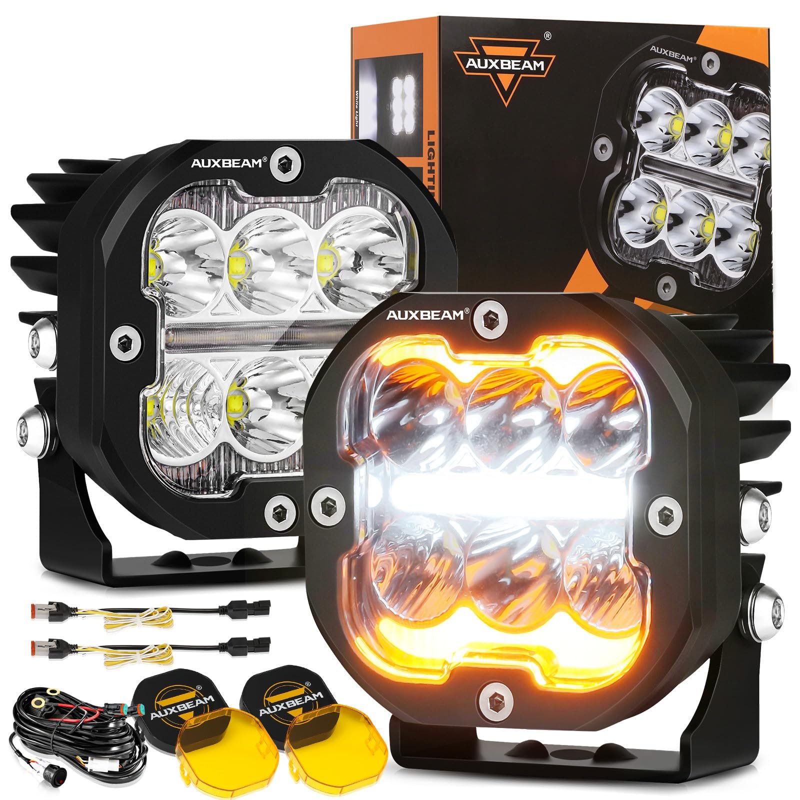 Auxbeam LED lights with yellow lenses and accessories