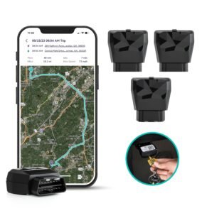 Smartphone showing a trip map, OBD2 devices, and a car key with a device